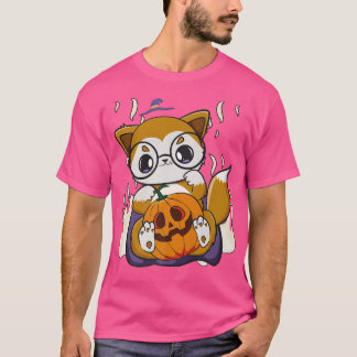 Cute Anime Fox håller Kawaii Pumpkin för Halloween T Shirt