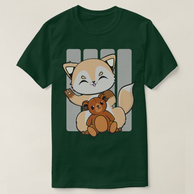 Cute Anime Fox med Kawaii Leksak och Nalle Prem T Shirt (Design framsida)