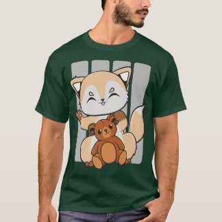 Cute Anime Fox med Kawaii Leksak och Nalle Prem T Shirt
