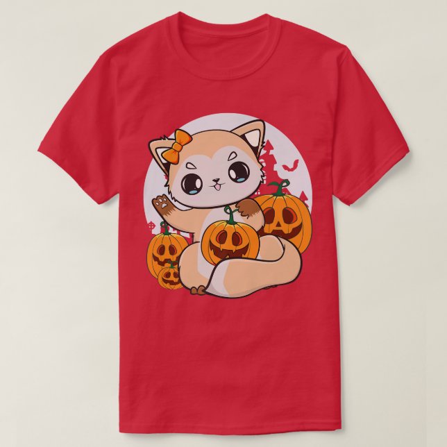 Cute Anime Fox med Kawaii Pumpkin för Halloween P T Shirt (Design framsida)