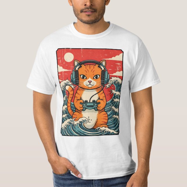 Cute Anime Gamer Cat Japanese Gaming Retro T Shirt (Framsida)