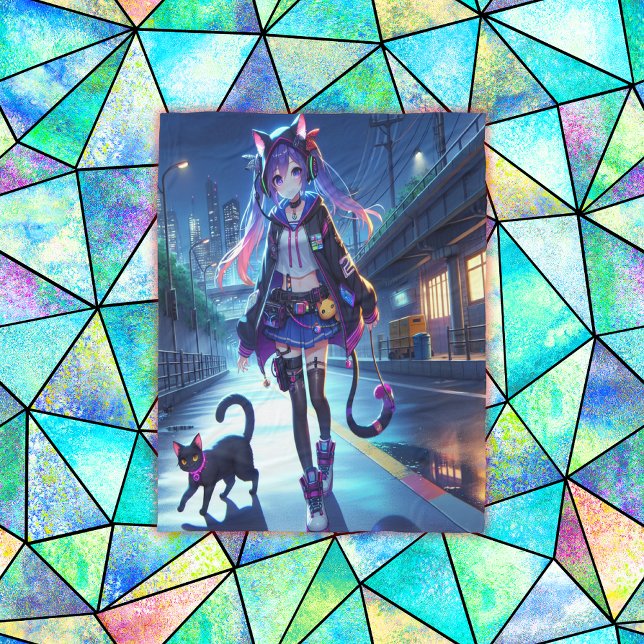 Cute Anime Gamer Girl & Cat | Stor Fleecefilt (Skapare uppladdad)