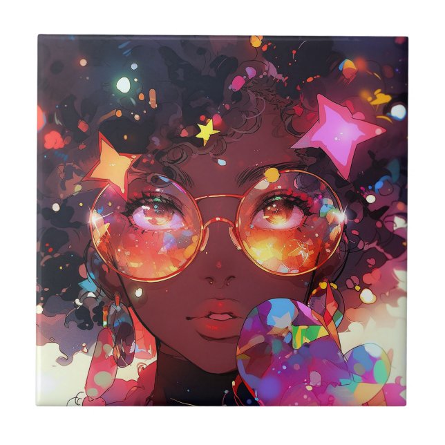 Cute Anime Girl African American Art Kakelplatta (Framsidan)