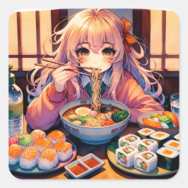 Cute Anime Girl Eating Ramen och Sushi Fyrkantigt Klistermärke