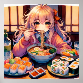 Cute Anime Girl Eating Ramen och Sushi Poster
