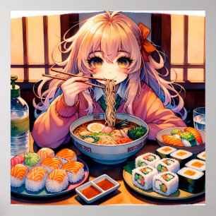Cute Anime Girl Eating Ramen och Sushi Poster