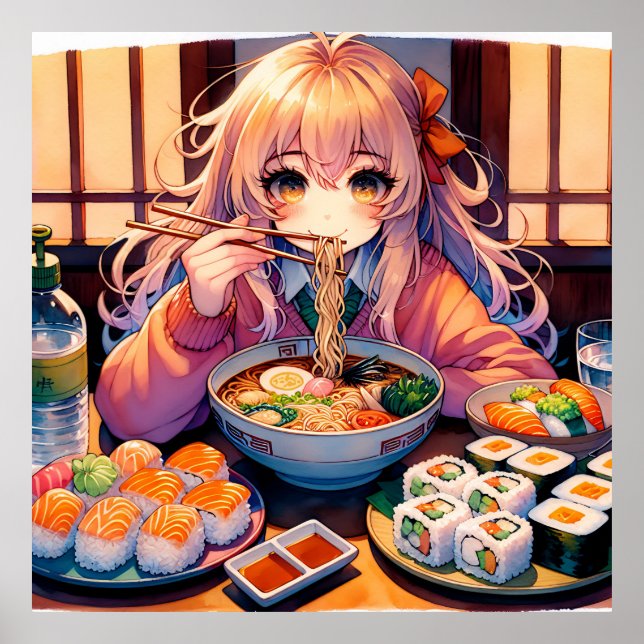 Cute Anime Girl Eating Ramen och Sushi Poster (Framsidan)
