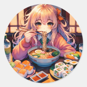 Cute Anime Girl Eating Ramen och Sushi Runt Klistermärke