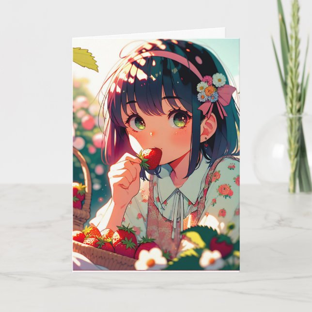 Cute Anime Girl Eating Strawbär Birthday Kort (Framsida)