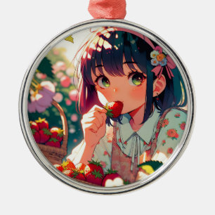 Cute Anime Girl Eating Strawbär Julgransprydnad Metall