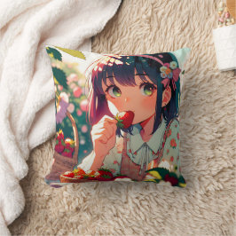 Cute Anime Girl Eating Strawbär Kudde