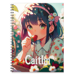 Cute Anime Girl Eating Strawbär | Sommardag Anteckningsbok