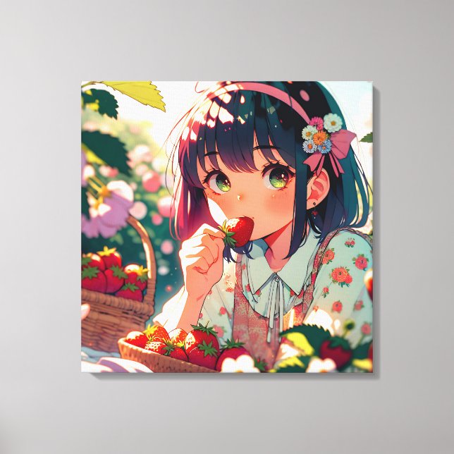 Cute Anime Girl Eating Strawbär | Sommardag Canvastryck (Framsida)