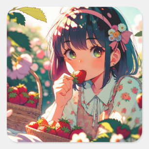 Cute Anime Girl Eating Strawbär Sommardag Fyrkantigt Klistermärke