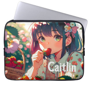 Cute Anime Girl Eating Strawbär Sommardag Laptop Fodral
