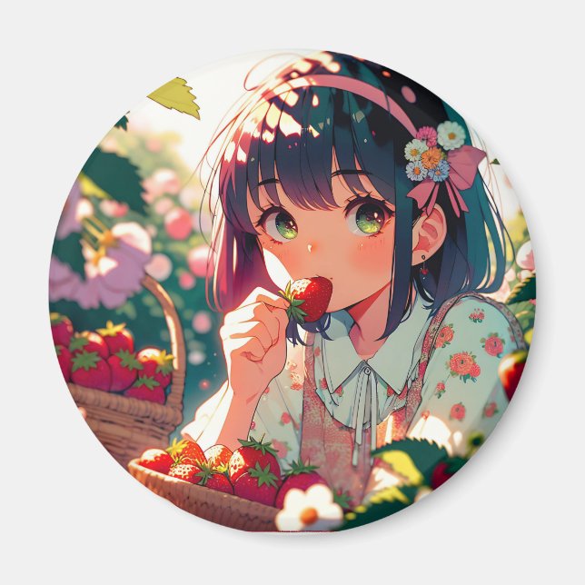 Cute Anime Girl Eating Strawbär | Sommardag Magnet (Framsidan)