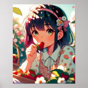 Cute Anime Girl Eating Strawbär   Sommardag Poster