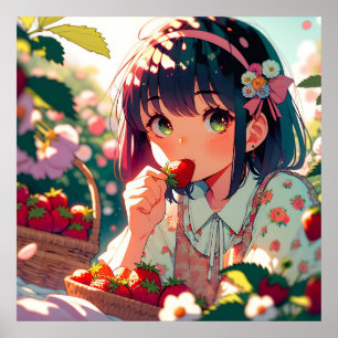 Cute Anime Girl Eating Strawbär   Sommardag Poster