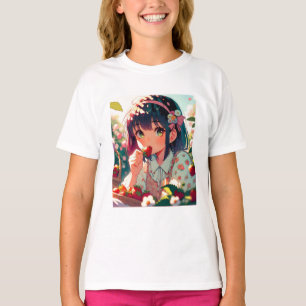Cute Anime Girl Eating Strawbär   Sommardag T Shirt