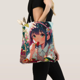 Cute Anime Girl Eating Strawbär | Sommardag Tygkasse
