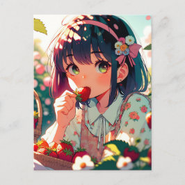 Cute Anime Girl Eating Strawbär Vykort