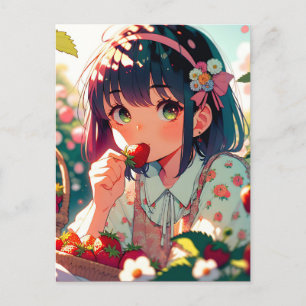 Cute Anime Girl Eating Strawbär Vykort