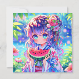 Cute Anime Girl Eating Watermelon en sommardag