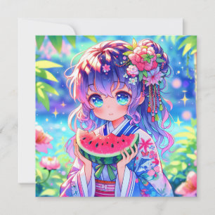 Cute Anime Girl Eating Watermelon en sommardag