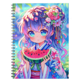 Cute Anime Girl Eating Watermelon en sommardag Anteckningsbok