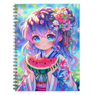 Cute Anime Girl Eating Watermelon en sommardag Anteckningsbok