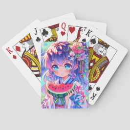 Cute Anime Girl Eating Watermelon en sommardag Casinokort