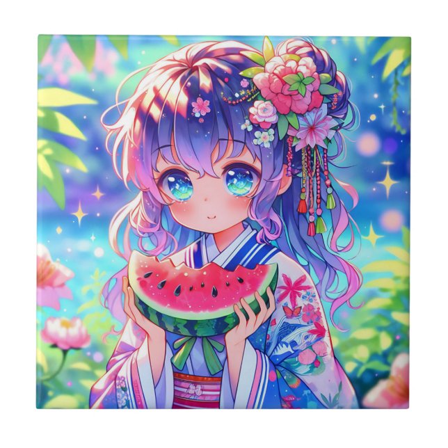 Cute Anime Girl Eating Watermelon en sommardag Kakelplatta (Framsidan)