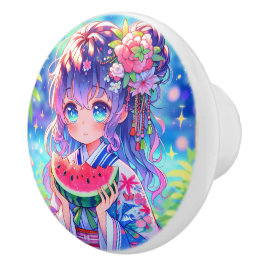 Cute Anime Girl Eating Watermelon en sommardag Knopp