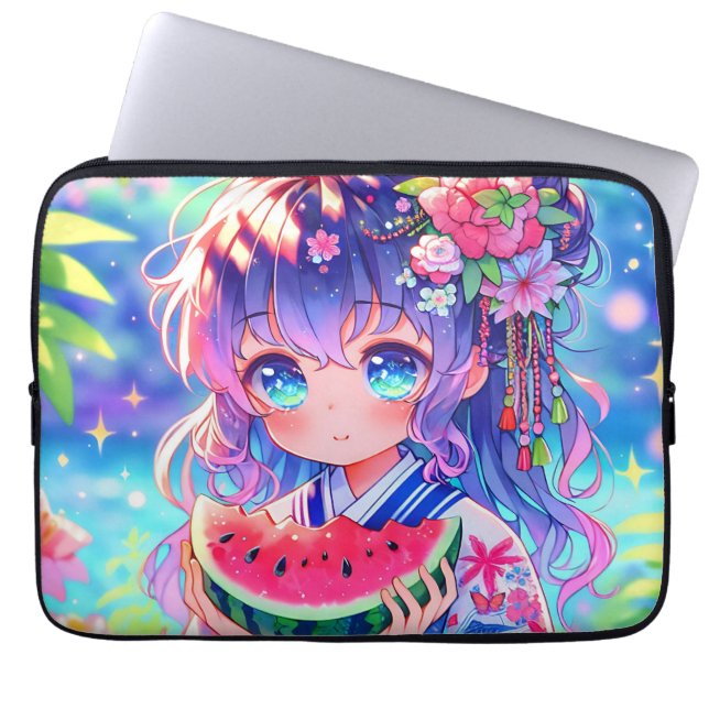 Cute Anime Girl Eating Watermelon en sommardag Laptop Fodral (Framsidan)