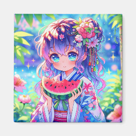 Cute Anime Girl Eating Watermelon en sommardag Magnet