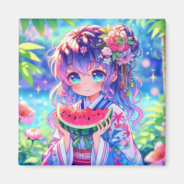 Cute Anime Girl Eating Watermelon en sommardag Magnet (Framsidan)