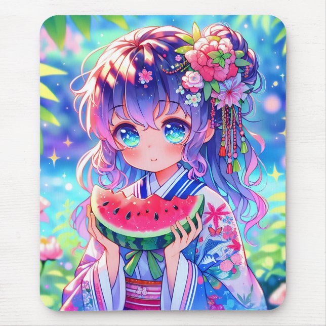 Cute Anime Girl Eating Watermelon en sommardag Musmatta (Framsidan)