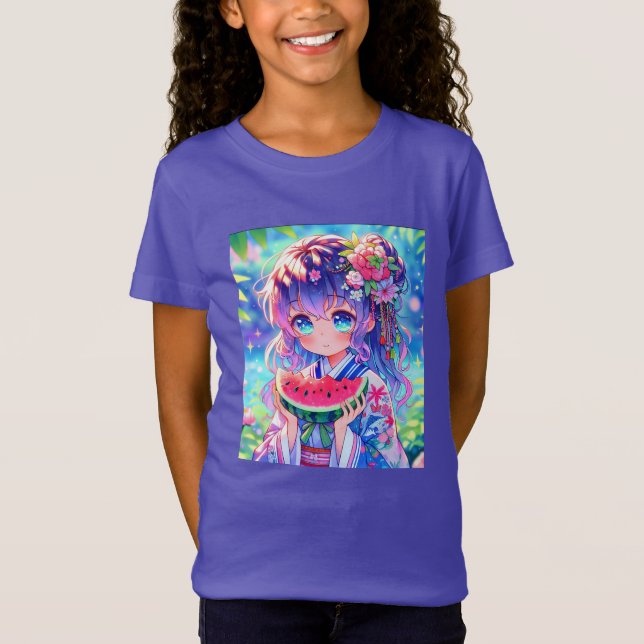 Cute Anime Girl Eating Watermelon en sommardag T Shirt (Framsida)