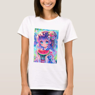 Cute Anime Girl Eating Watermelon en sommardag T Shirt