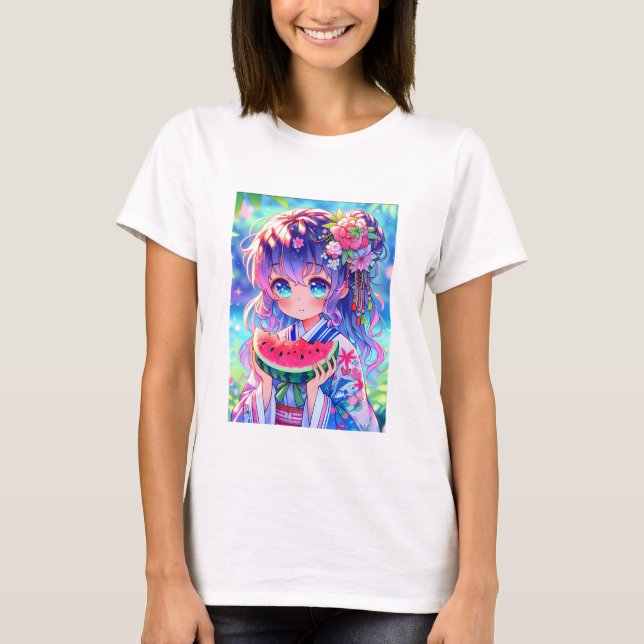 Cute Anime Girl Eating Watermelon en sommardag T Shirt (Framsida)
