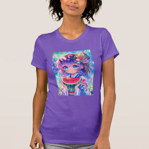 Cute Anime Girl Eating Watermelon en sommardag T Shirt