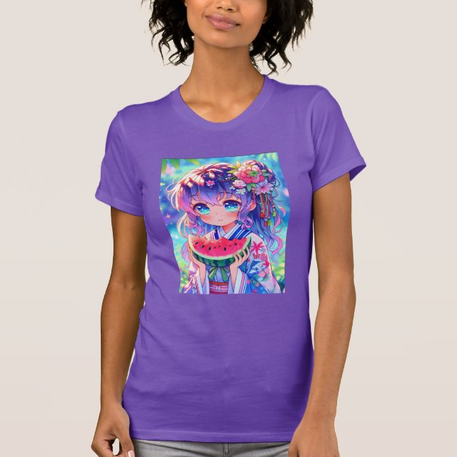 Cute Anime Girl Eating Watermelon en sommardag T Shirt (Framsida)