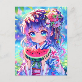Cute Anime Girl Eating Watermelon en sommardag Vykort