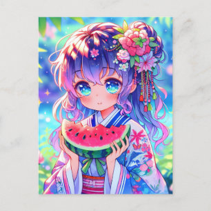 Cute Anime Girl Eating Watermelon en sommardag Vykort