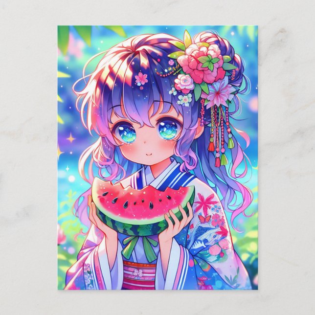 Cute Anime Girl Eating Watermelon en sommardag Vykort (Framsida)