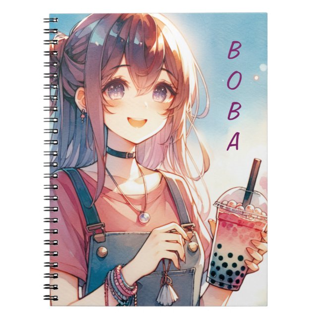 Cute Anime Girl Holding a Boba Tea Anteckningsbok (Framsidan)