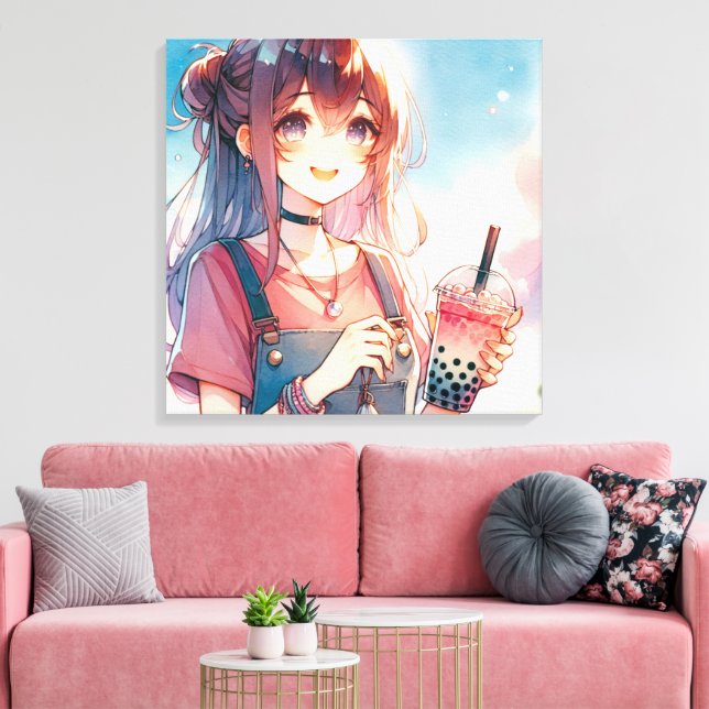 Cute Anime Girl Holding a Boba Tea Canvastryck (Insitu (Vardagsrum))