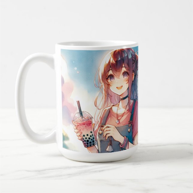 Cute Anime Girl Holding a Boba Tea Kaffemugg (Vänster)