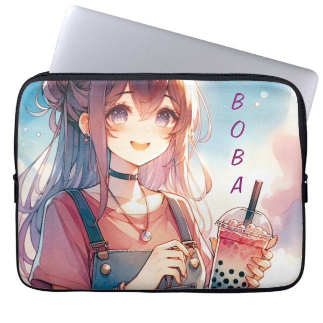 Cute Anime Girl Holding a Boba Tea Laptop Fodral (Framsidan)