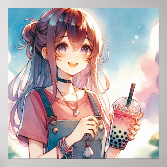 Cute Anime Girl Holding a Boba Tea Poster (Framsidan)